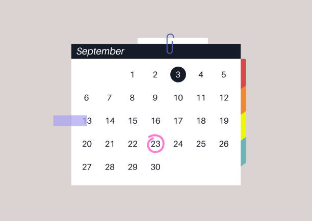 ilustraciones, imágenes clip art, dibujos animados e iconos de stock de un calendario mensual con notas y marcadores que indican diferentes eventos personales y de negocios - calendar routine personal organizer week