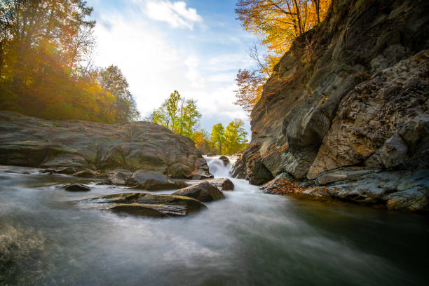 istock Mountain river with small waterfall with clear turquoise water falling down between wet boulders with thick white foam on autumn bright day. 1323926514