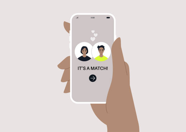 A dating app match, two avatars on a screen, online romantic relationships A dating app match, two avatars on a screen, online romantic relationships internet dating stock illustrations