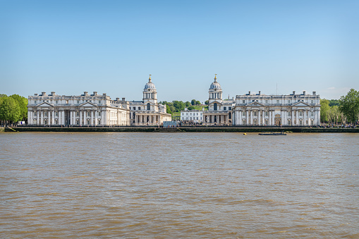 Greenwich Maritime Museum and the River Thames from the isle Of Dogs in East London