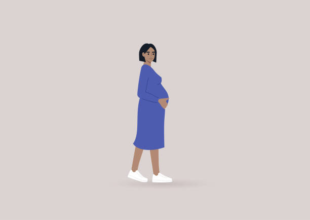 ilustrações de stock, clip art, desenhos animados e ícones de a young pregnant woman wearing a simple blue dress and white sneakers, modern lifestyle - dress human pregnancy young women women