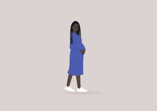 Vector illustration of A young pregnant Black woman wearing a simple blue dress and white sneakers, modern lifestyle