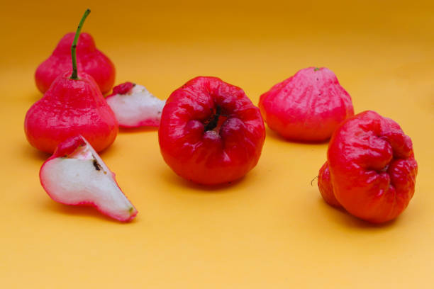 istock Freshly rose apple fruit isolated on orange background. Also known as jambu air Merah (Syzygium aqueum), jambu Semarang (Syzygium samarangense), Jambu Bol, or Malay Apple (Syzygium malaccense) 1323928763