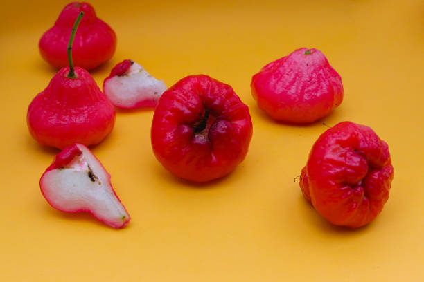 istock Freshly rose apple fruit isolated on orange background. Also known as jambu air Merah (Syzygium aqueum), jambu Semarang (Syzygium samarangense), Jambu Bol, or Malay Apple (Syzygium malaccense) 1323929466