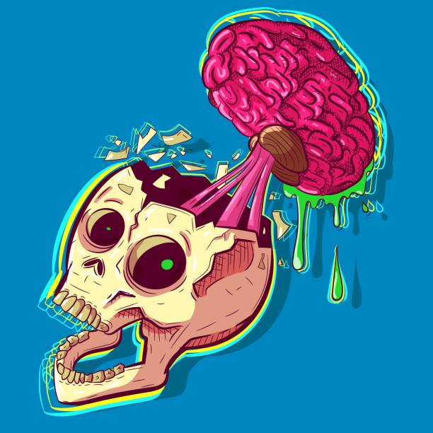 Human zombie skull with a pink brain sticking out of his head and melting. Hip hop wall art and tattoo inspired by graffiti for Halloween. Modern neon background with a cracked cranium. Human zombie skull with a pink brain sticking out of his head and melting. Hip hop wall art and tattoo inspired by graffiti for Halloween. Modern neon background with a cracked cranium. emo stock illustrations