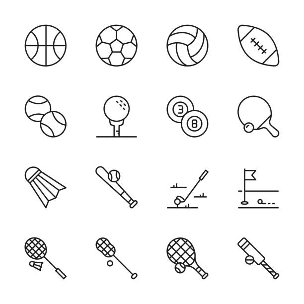Sport Ball Line Icons Sport Ball Editable Stroke Line Icon Collection badminton racquet stock illustrations