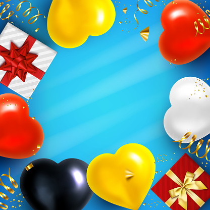 Holiday red, white, black heart shape balloons and Gifts Background. Vector illustration. Blue background.