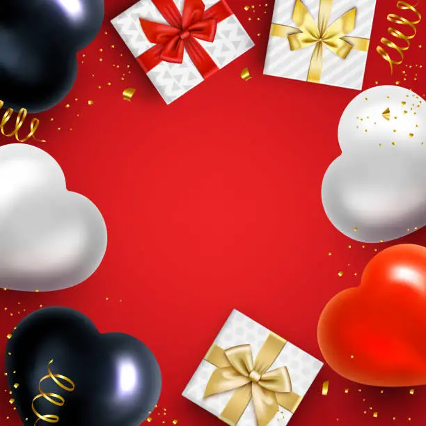 Vector illustration of Holiday Heart Shape Balloons and Gifts Background