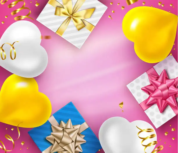 Vector illustration of Holiday Heart Shape Balloons and Gifts Background