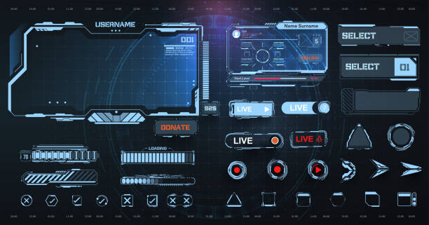 illustrations, cliparts, dessins animés et icônes de interface utilisateur de la technologie de trame numérique, ux futuristic hud, fui, interface virtuelle. modèle de conception pour un ensemble d’images, de boutons et de curseurs de superposition pour la diffusion en continu de jeux.  modèles de mise  - touch screen