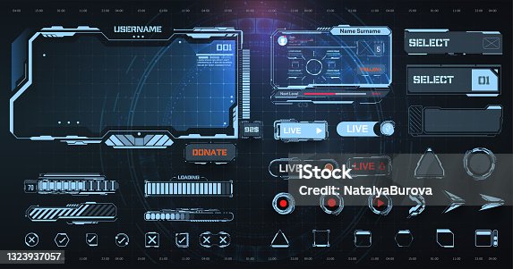 istock Digital frame technology UI,UX Futuristic HUD, FUI, Virtual Interface. A design template for a set of frames , buttons, and overlay cursors for game streaming.  Futuristic info boxes layout templates. 1323937057