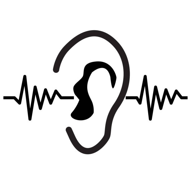 ilustrações de stock, clip art, desenhos animados e ícones de earing test icon on white background. sound wave going through human ear. hearing symbol. flat style. - oscillation