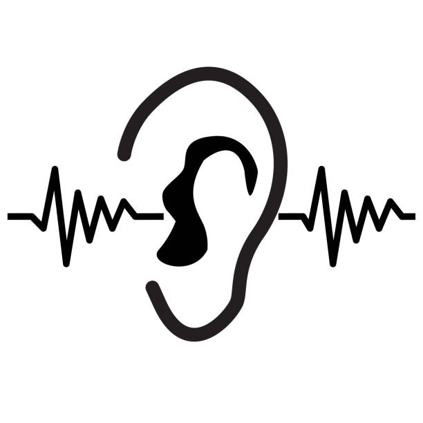 earing test icon on white background. sound wave going through human ear. hearing symbol. flat style. earing test icon on white background. sound wave going through human ear. hearing symbol. flat style. sine wave stock illustrations