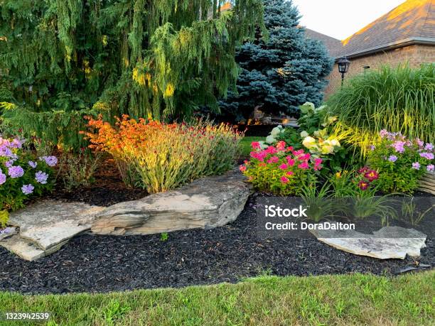 Courtyard At Dusk Stock Photo - Download Image Now - Landscaped, Yard - Grounds, Flower