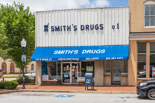 Spartanburg, SC, USA-13 June 2021: Smith's Drugs, a local pharmacy on Main St.  Horizontal image.