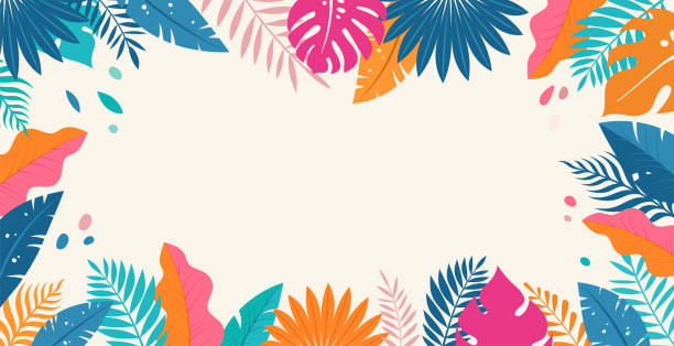 hello summer concept design, summer panorama, abstract illustration with jungle exotic leaves, colorful design, summer background and banner - plaj partisi stock illustrations