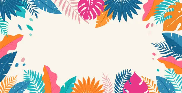 Vector illustration of Hello Summer concept design, summer panorama, abstract illustration with jungle exotic leaves, colorful design, summer background and banner