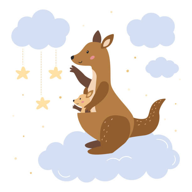 ilustraciones, imágenes clip art, dibujos animados e iconos de stock de madre canguro con su canguro bebé en las nubes. - young animal mother kangaroo family