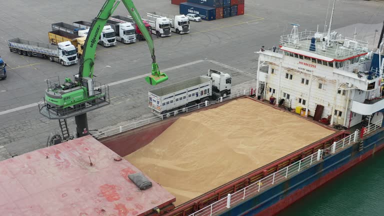 Aerial view of freight ship being unloaded in an international port.