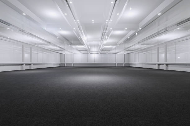 Empty convention hall center.The backdrop for exhibition stands,booth elements. Meeting room for the conference.Big Arena for entertainment,concert,event. Indoor stadium.3d render.