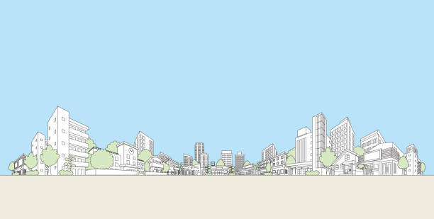 도시 경관의 벡터 일러스트레이션. 선 드로잉 그림 그림입니다. - townscape stock illustrations