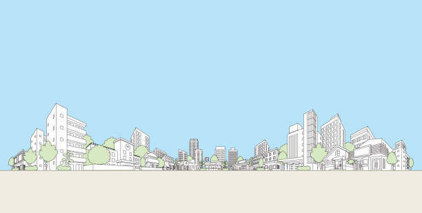 векторная иллюстрация городского пейзажа. иллюстрация рисования линии. - townscape stock illustrations