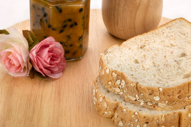 Fresh baked bread with marmalade various kinds of marmalade
