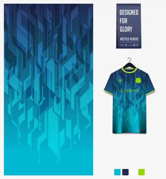 Vector illustration of Soccer jersey pattern design. Geometric pattern on blue abstract background for soccer kit, football kit or sports uniform. T-shirt mockup template. Fabric pattern. Sport background.