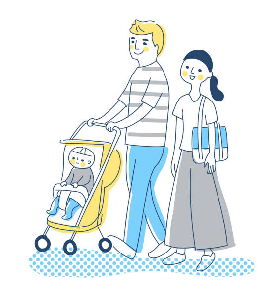 pasangan berjalan dengan bayi di kereta dorong - stroller car seat ilustrasi stok