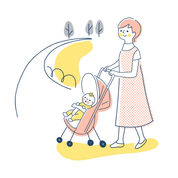 ibu berjalan dengan bayi di kereta dorong - stroller car seat ilustrasi stok