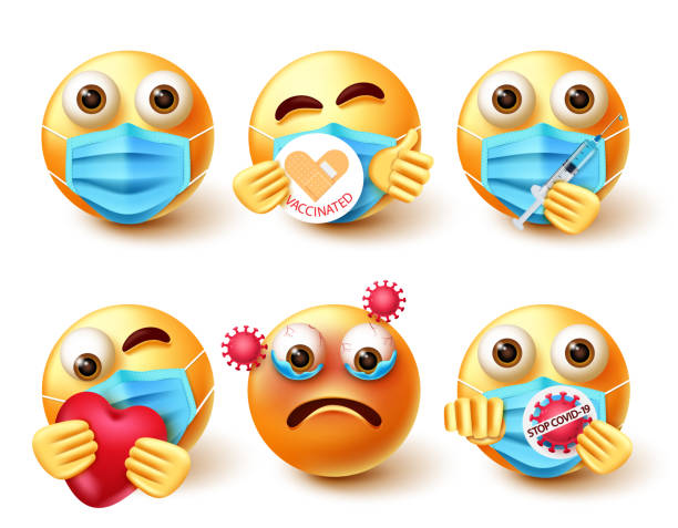 ilustraciones, imágenes clip art, dibujos animados e iconos de stock de emoji covid-19 juego de vectores sonrientes. emojis smiley 3d en pautas de seguridad como vacunarse, lavarse las manos y verificar la temperatura para el nuevo diseño normal de la colección de personajes de seguridad. - thermometer healthcare and medicine backgrounds isolated