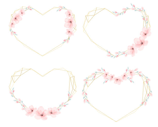 발렌타인 배너를위한 수채화 벚꽃 하트 황금 화환 프레임 - cherry valentine stock illustrations