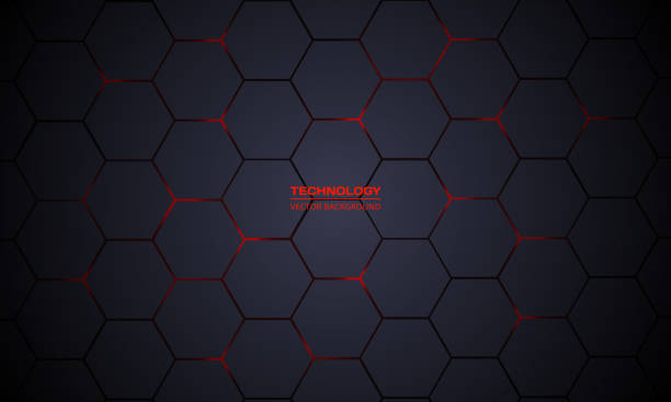 Dark gray hexagonal technology vector abstract background. Dark gray hexagonal technology vector abstract background. Red bright energy flashes under hexagon in modern technology futuristic background vector illustration. Dark gray honeycomb texture grid. hex wrench stock illustrations