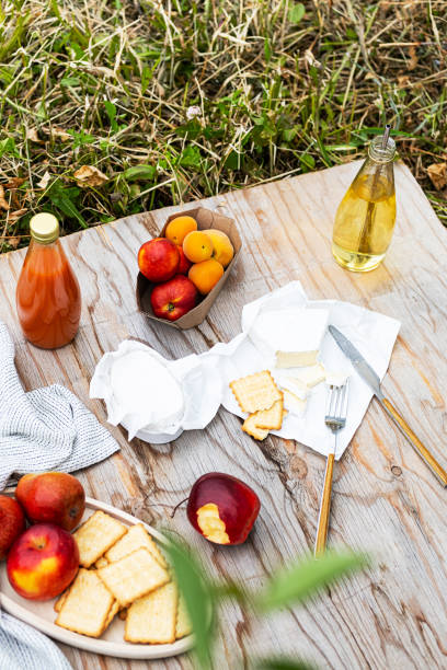 istock Summer picnic vacation. Summertime eco picnic setting, various fruits, cheese and drinks. Copy space, selective focus. 1323970388