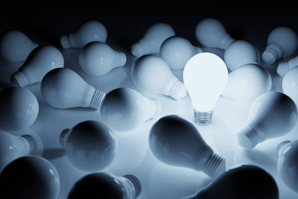 istock Light bulb bright outstanding among lightbulb on white background. Concept of creative idea and inspire innovation, Unique, Think different, Individual and standing out from the crowd. 3d illustration 1323975725