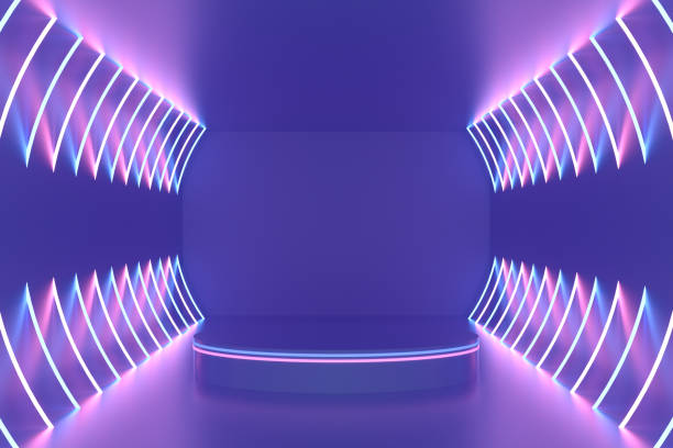 istock Empty Product Stand, Platform, Podium, Exhibition in Neon Lighting Room 1323976599