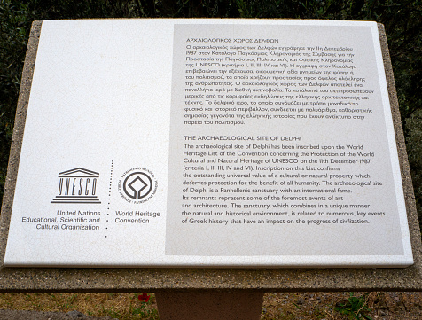 Delphi, Greece. May 2021: Architectural elements in the historical complex of Delphi in Greece