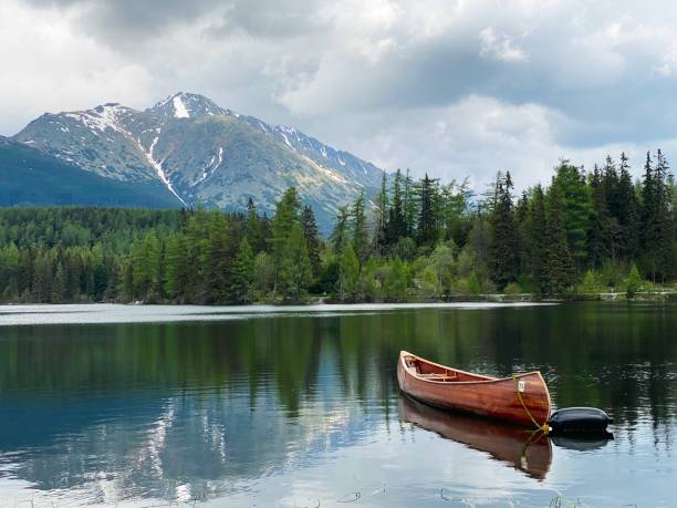 istock Canoe boat on peaceful mountain lake 1323980922