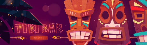 Tiki bar cartoon web banner with tribal masks, burning torches, palm leaves and push button. Beach hut bar promo for night party, advertising with glowing fonts for amusement establishment Vector ad