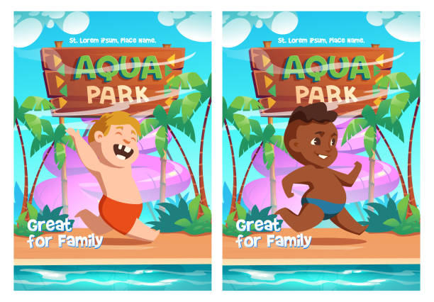 aqua park cartoon poster kinder spielen im aquapark - amusement park family water slide child stock-grafiken, -clipart, -cartoons und -symbole