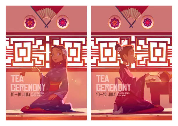 Vector illustration of Tea ceremony posters with girl in kimono