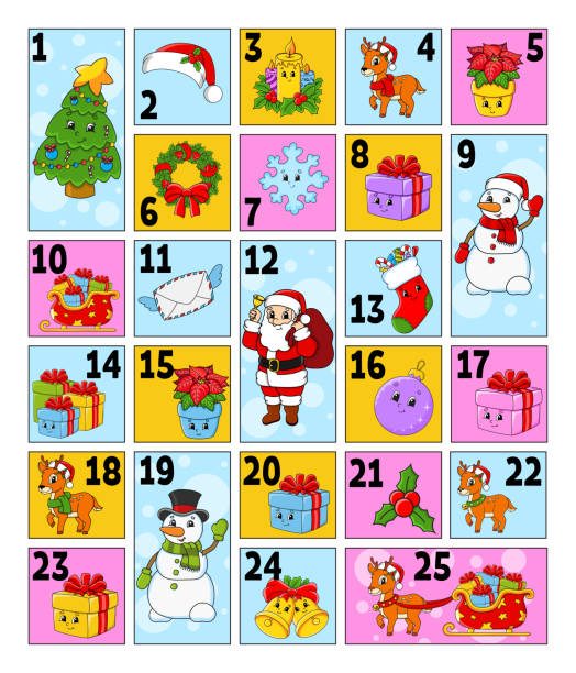 istock Christmas advent calendar with cute characters. Santa claus, deer, snowman, fir tree, snowflake, gift, bauble, sock. Cartoon style. With numbers 1 to 25. Vector illustration. Holiday preparation. 1323985049