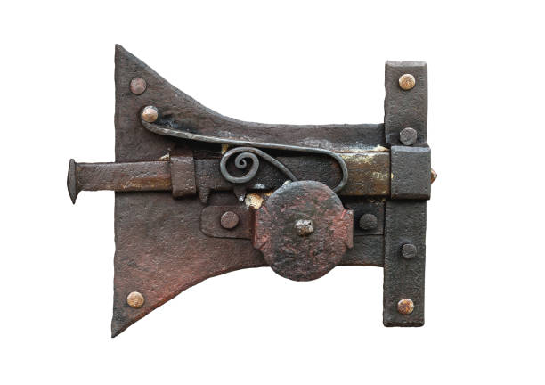 Vintage black iron door lock isolated on white background