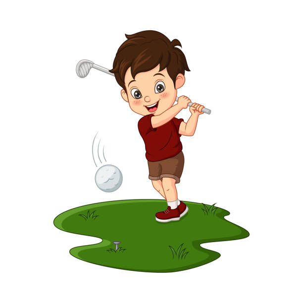ilustrações de stock, clip art, desenhos animados e ícones de cartoon cute little boy playing golf - golf child sport humor