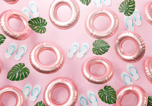 istock Summer Pink Background. Flip Flops, Leaf and Inflatable Swimming Ring 3D Rendering 1323986422