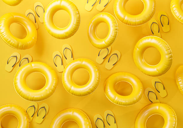 Summer Yellow Background. Flip Flops and Inflatable Swimming Ring 3D Rendering