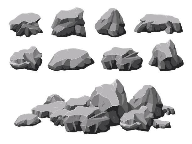 漫画の石。壊れた岩、石の山3dデザイン。孤立した岩、岩や灰色の山。瓦礫砂利群、自然花崗岩最近のベクトルセット - stone cobblestone material rock点のイラスト素材／クリップアート素材／マンガ素材／アイコン素材