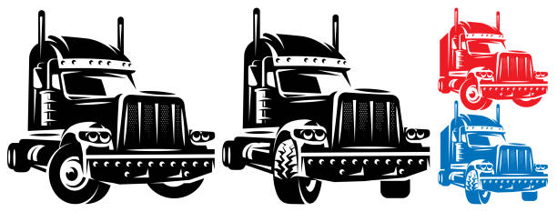 Vector template with a trailer for long trips. Truck driver theme. Color and monochrome illustrations.