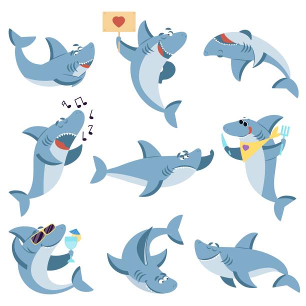 симпатичные акулы набор. океанская жизнь, изолированная акула страшна. подводный мультфильм монстра рыбы. забавное море дикое животное для - shark animal blue cartoon stock illustrations