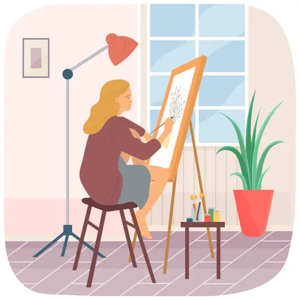 Vector illustration of Girl is painting still life. Woman transfers image of branches with flowers in vase to canvas